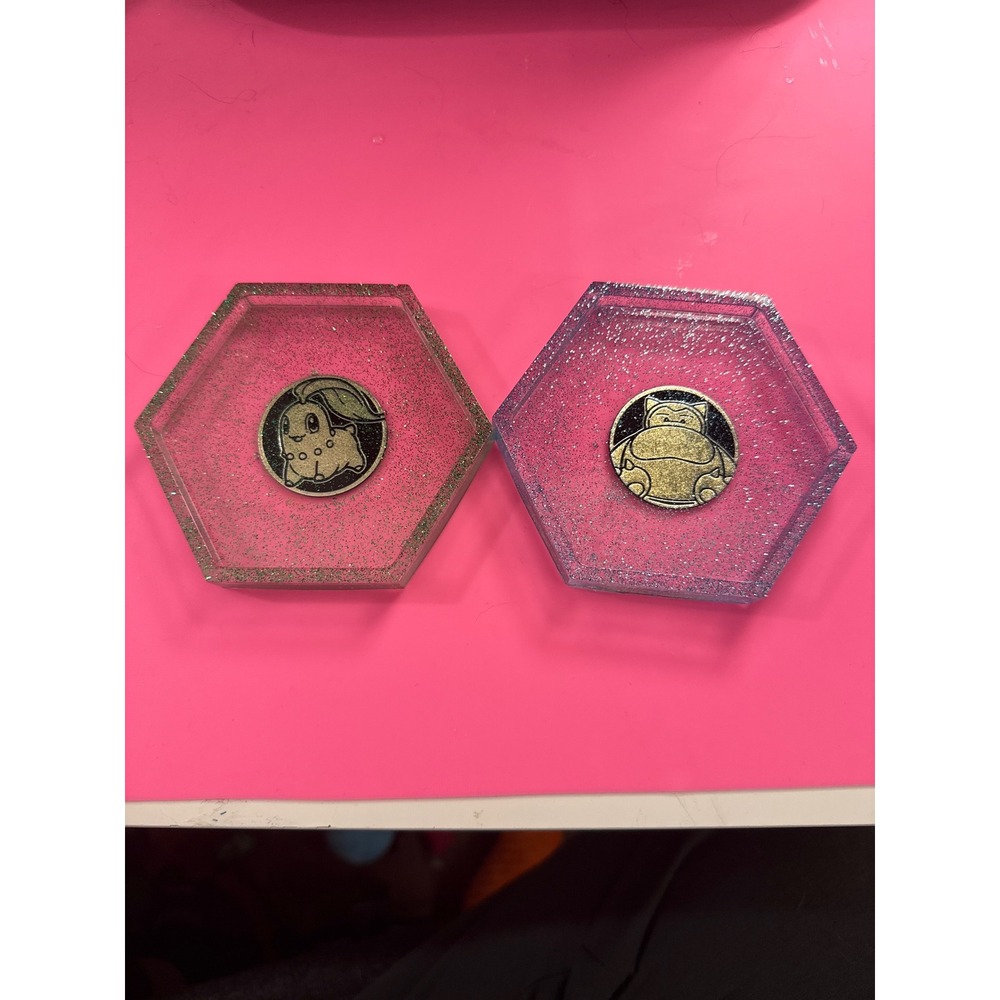 Pokemon Resin Coaster Set Snorlax Chikorita Glitter Hexagon Jewelry Dish